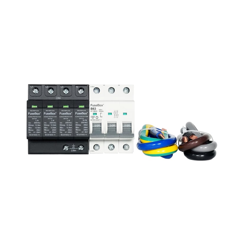 FuseBox T1 TPN SPD 3P+NPE with Cables+3P B63 MCB TPN Kit